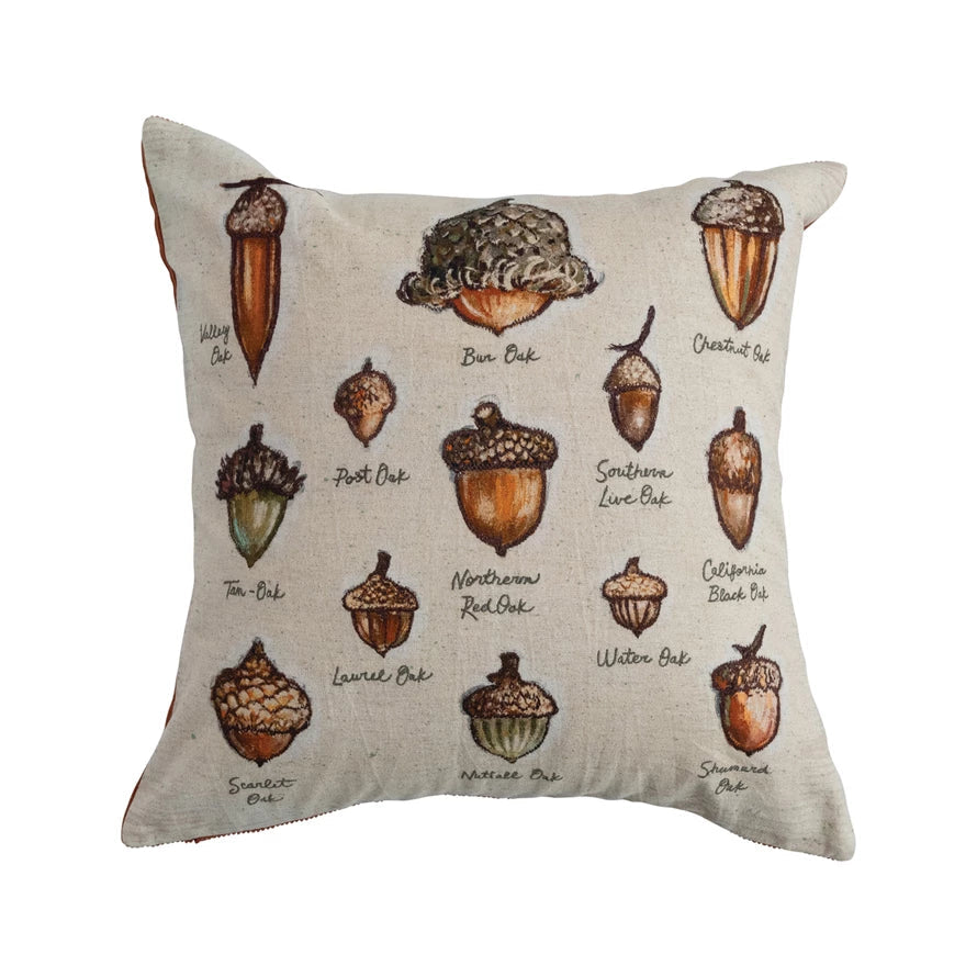 Square Embroidered Acorn Pillow with Corduroy Back