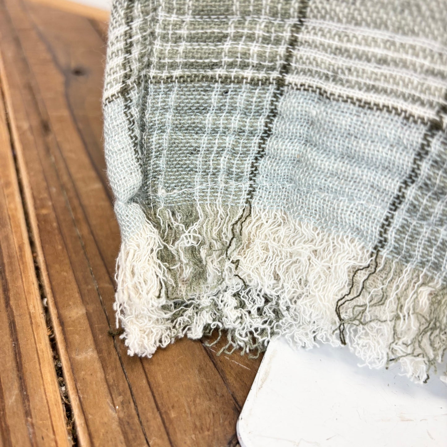 Woven Cotton Double Cloth Table Runner with Frayed Edges Plaid