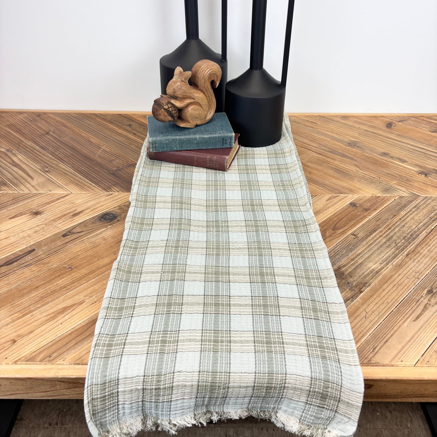 Woven Cotton Double Cloth Table Runner with Frayed Edges Plaid
