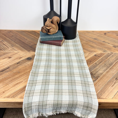 Woven Cotton Double Cloth Table Runner with Frayed Edges Plaid