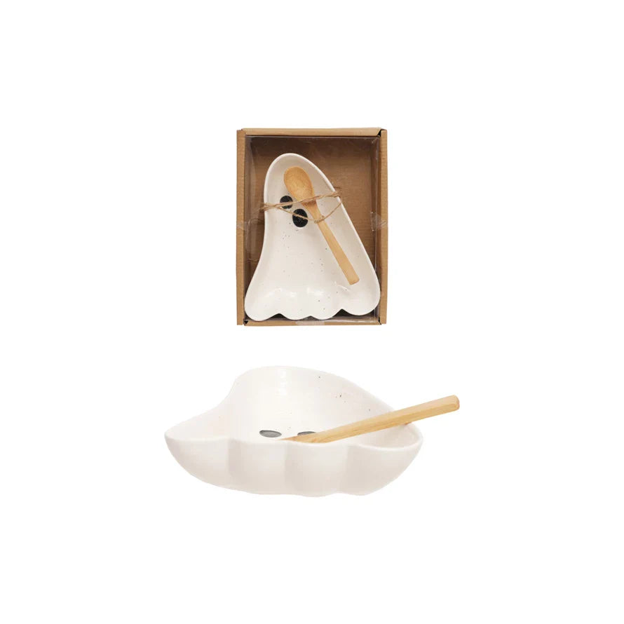 Stoneware Ghost Shaped Dish with Spoon