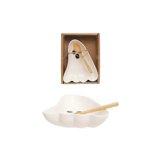 Stoneware Ghost Shaped Dish with Spoon