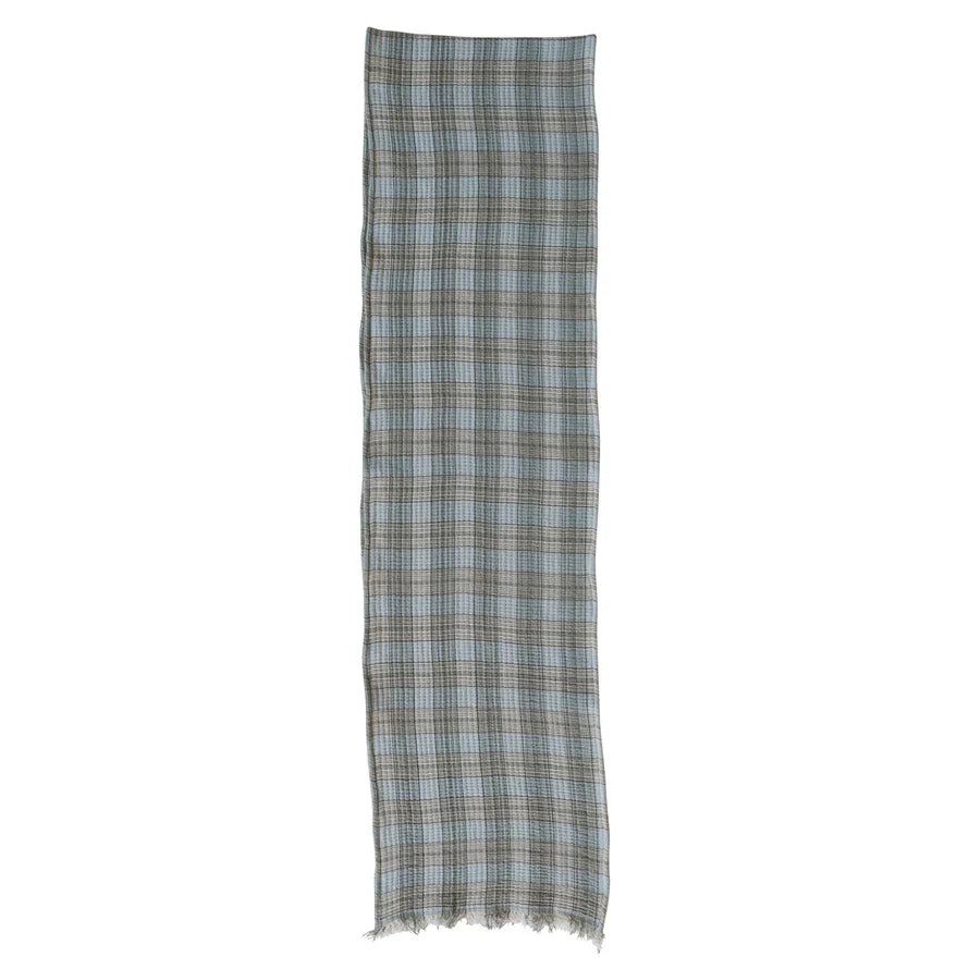 Woven Cotton Double Cloth Table Runner with Frayed Edges Plaid
